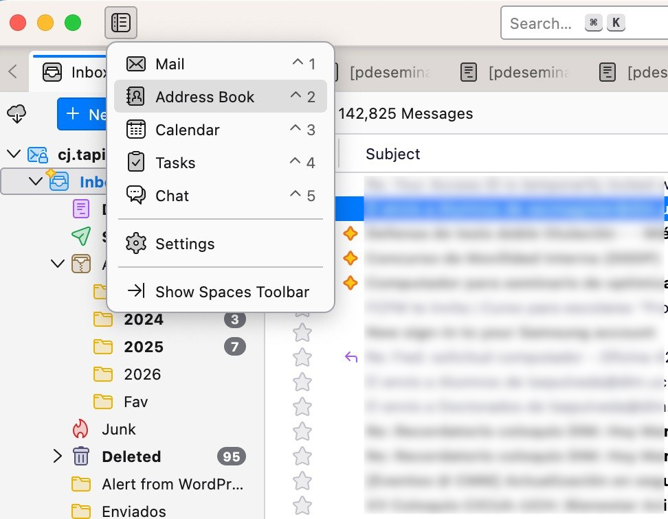 Menú de espacios de Thunderbird con Address Book