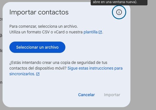Diálogo Importar contactos con botón Seleccionar un archivo