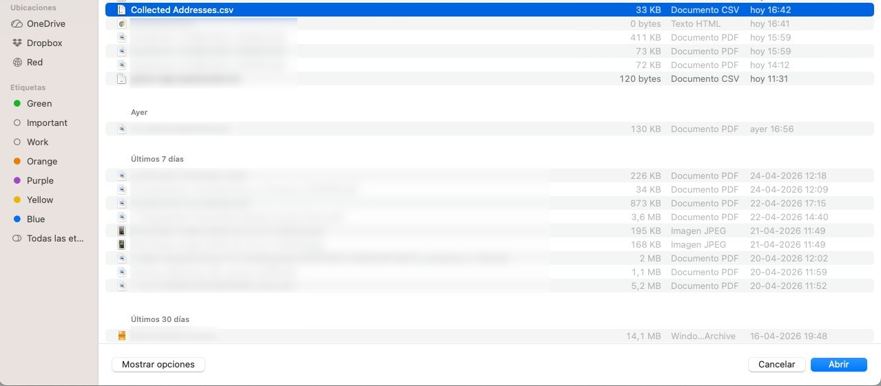 Selector de archivos con el CSV exportado